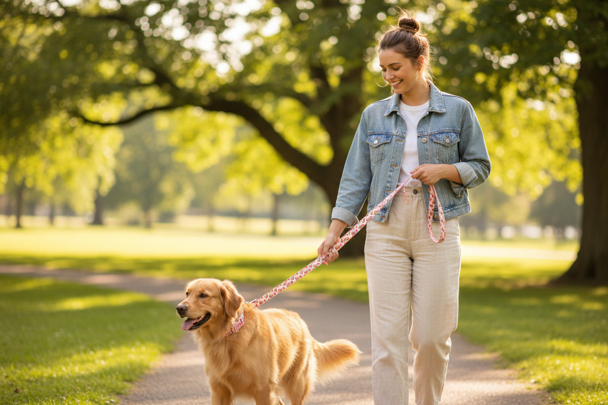 Dog Collar and Lead with pancake and strawberry pattern, taking a walk in the park
