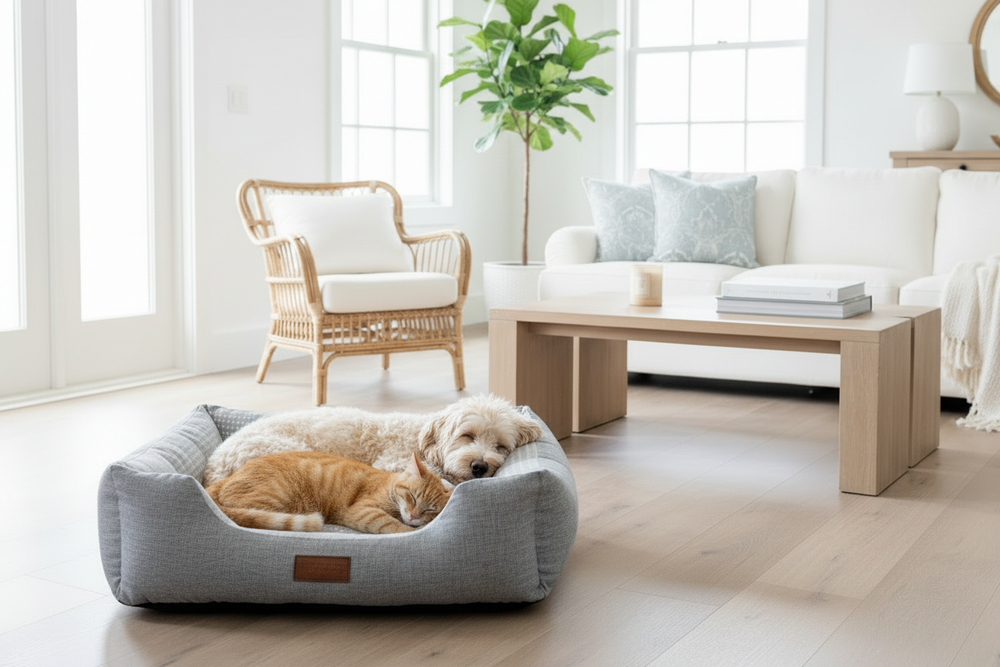 Cavoodle and ginger cat in grey dog bed - closer view