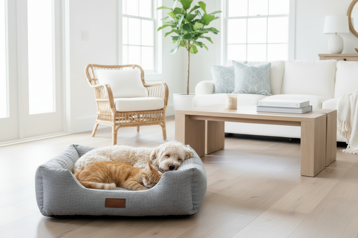 Cavoodle and ginger cat in grey dog bed - closer view