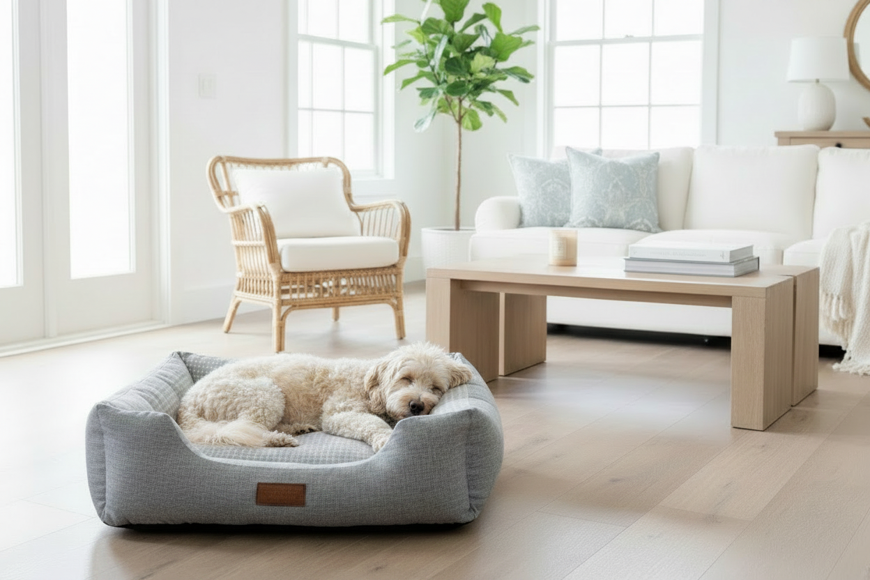 Cavoodle and ginger cat in grey dog bed - closer view