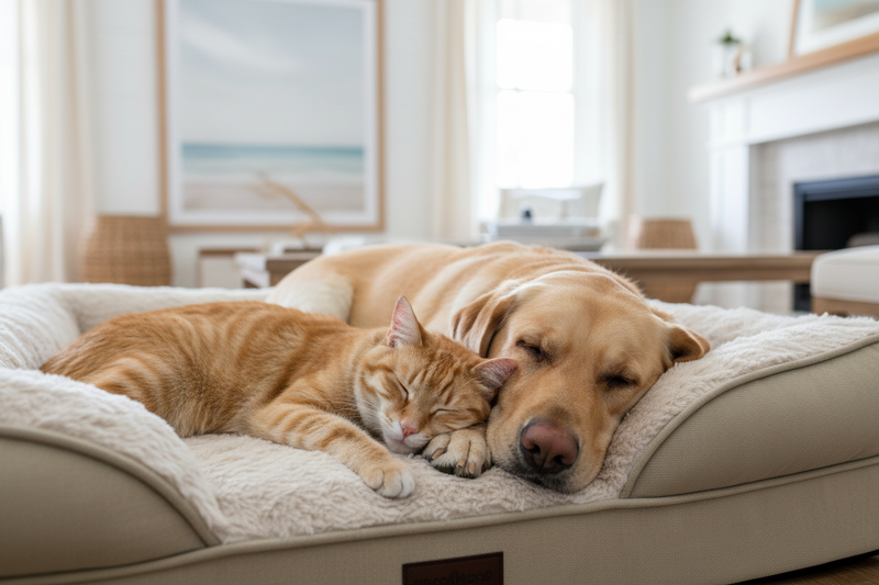 Ginger cat and golden labrador sleeping on cream orthopaedic bed in Hamptons home